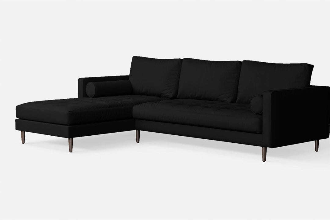 LIVELUSSO Chaise Lounge Sofa Gela 3 Seater Left Hand Facing Chaise Lounge Corner Sofa Black Leather