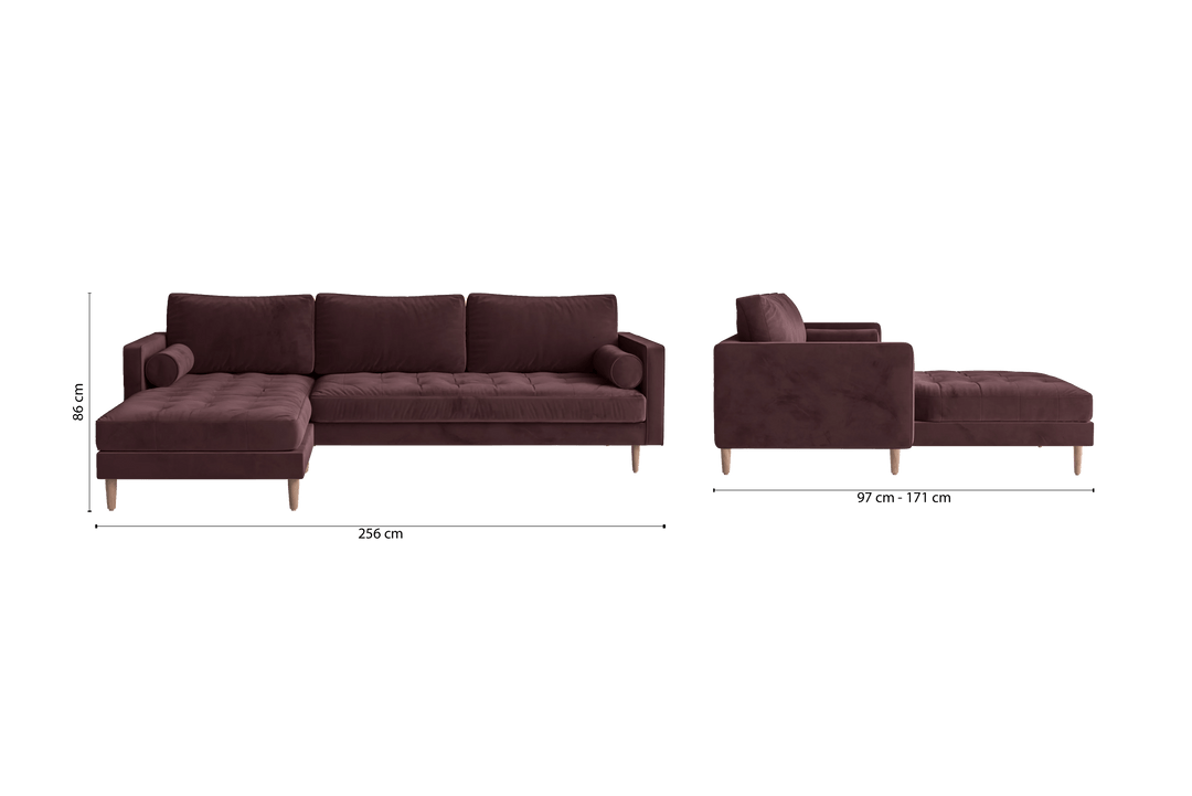 LIVELUSSO Chaise Lounge Sofa Gela 3 Seater Left Hand Facing Chaise Lounge Corner Sofa Grape Velvet