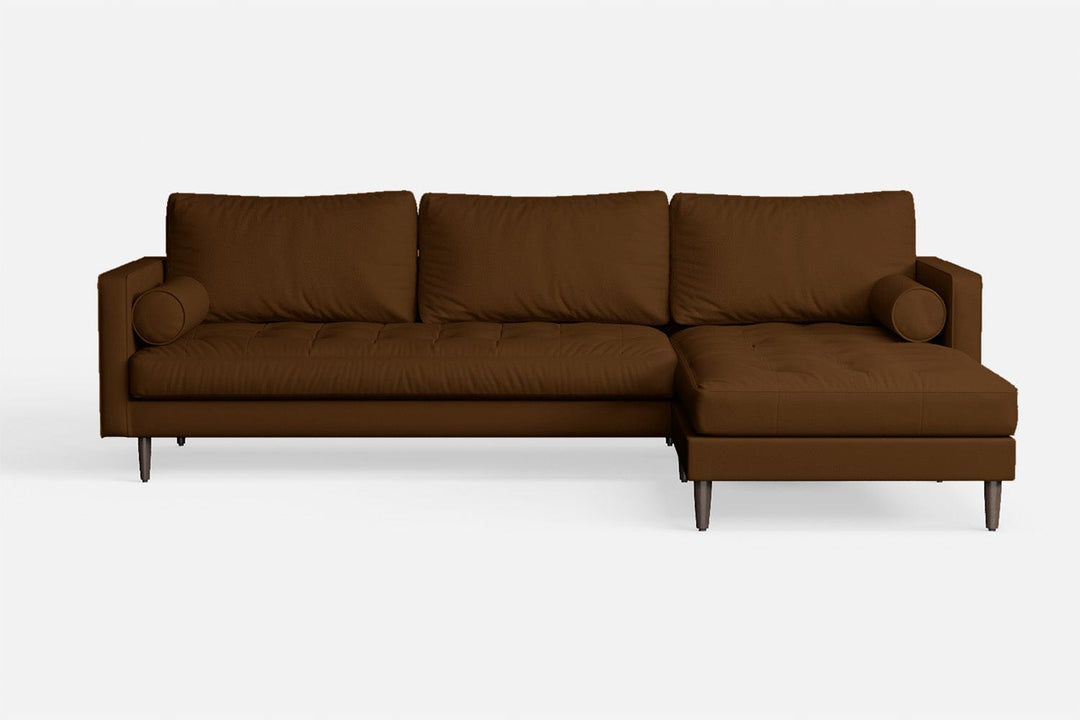 LIVELUSSO Chaise Lounge Sofa Gela 3 Seater Right Hand Facing Chaise Lounge Corner Sofa Walnut Brown Leather