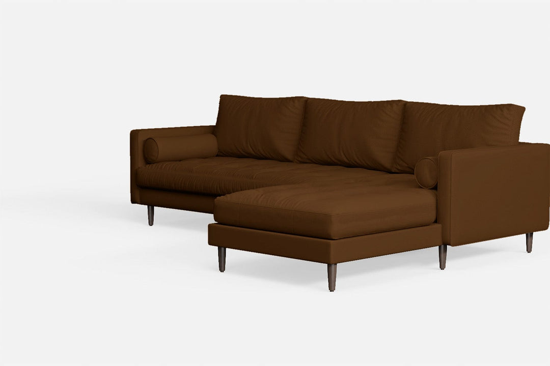 LIVELUSSO Chaise Lounge Sofa Gela 3 Seater Right Hand Facing Chaise Lounge Corner Sofa Walnut Brown Leather