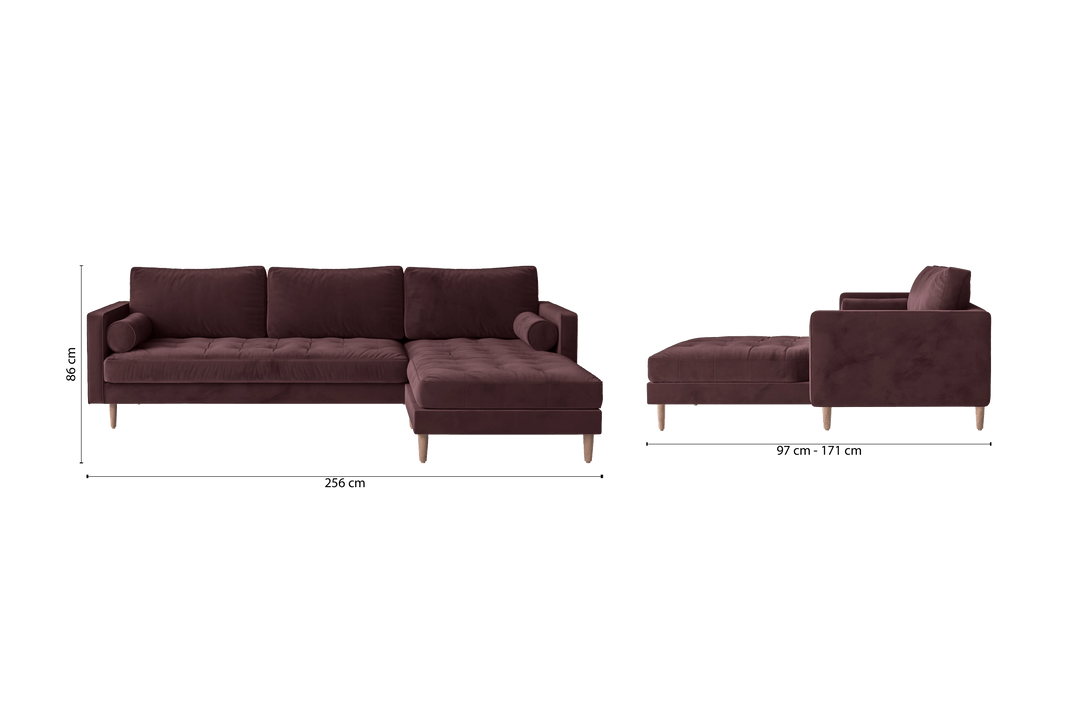 LIVELUSSO Chaise Lounge Sofa Gela 3 Seater Right Hand Facing Chaise Lounge Corner Sofa Grape Velvet