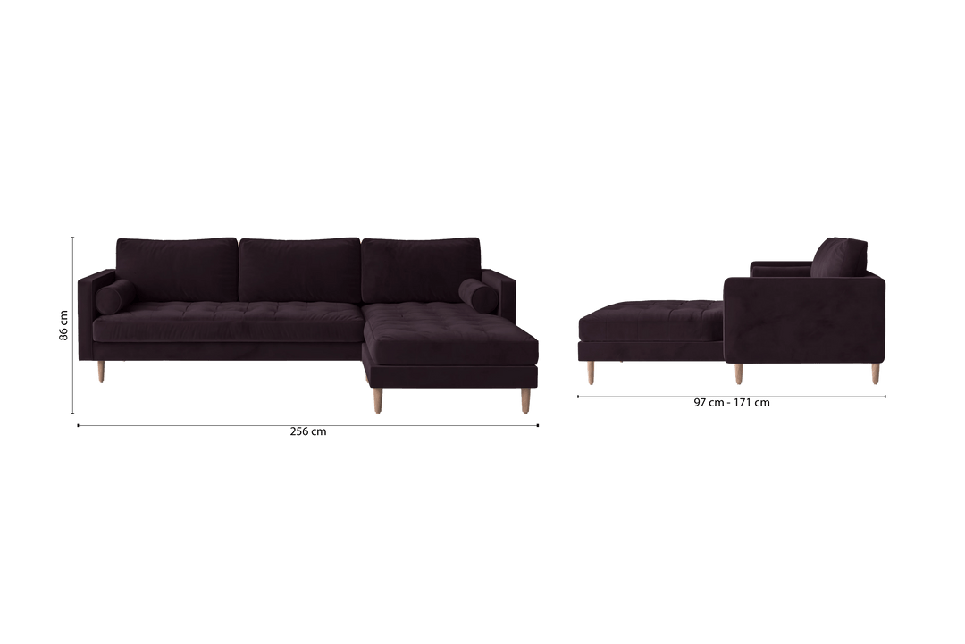 LIVELUSSO Chaise Lounge Sofa Gela 3 Seater Right Hand Facing Chaise Lounge Corner Sofa Purple Velvet