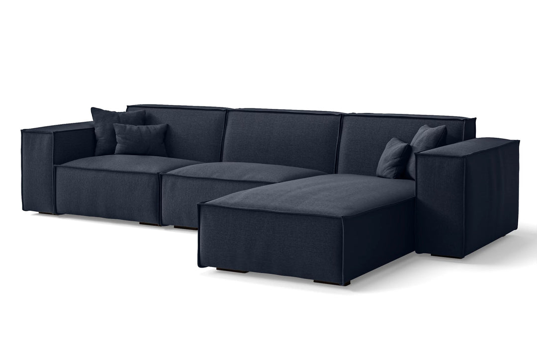 LIVELUSSO Chaise Lounge Sofa Naples 3 Seater Right Hand Facing Chaise Lounge Corner Sofa Dark Blue Linen Fabric