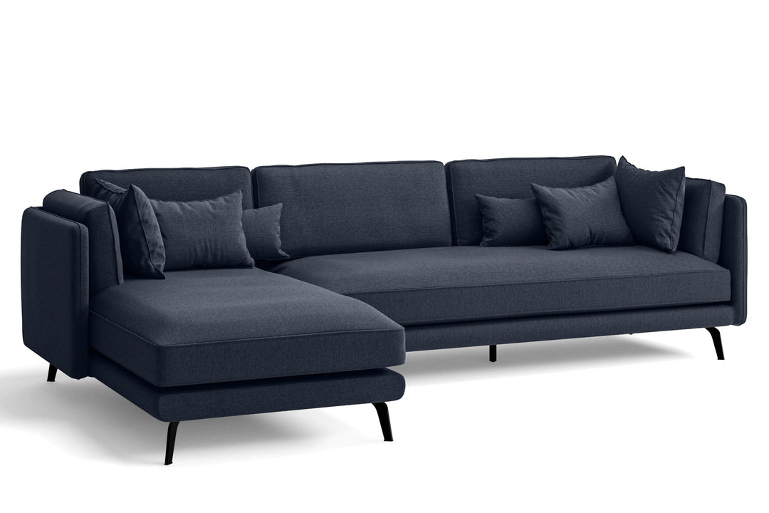 LIVELUSSO Chaise Lounge Sofa Velletri 4 Seater Left Hand Facing Chaise Lounge Corner Sofa Dark Blue Linen Fabric