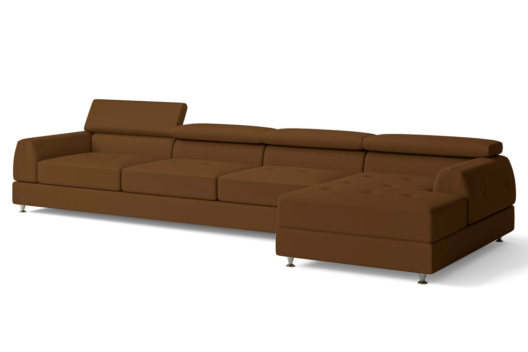 Vicenza 4 Seater Right Hand Facing Chaise Lounge Corner Sofa Walnut Brown Leather